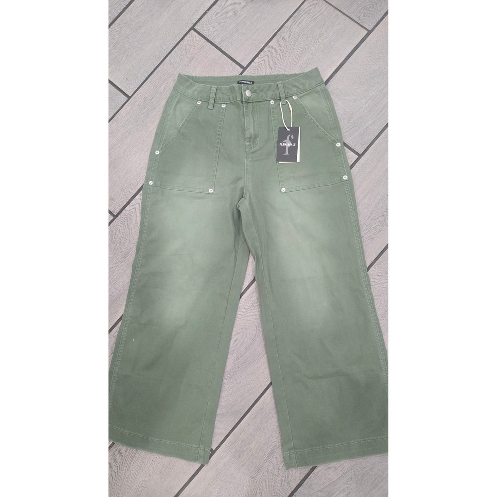 Flamingals Womens Wide Leg Utility Pants Olive Green Rivet Patch Pocket Size M